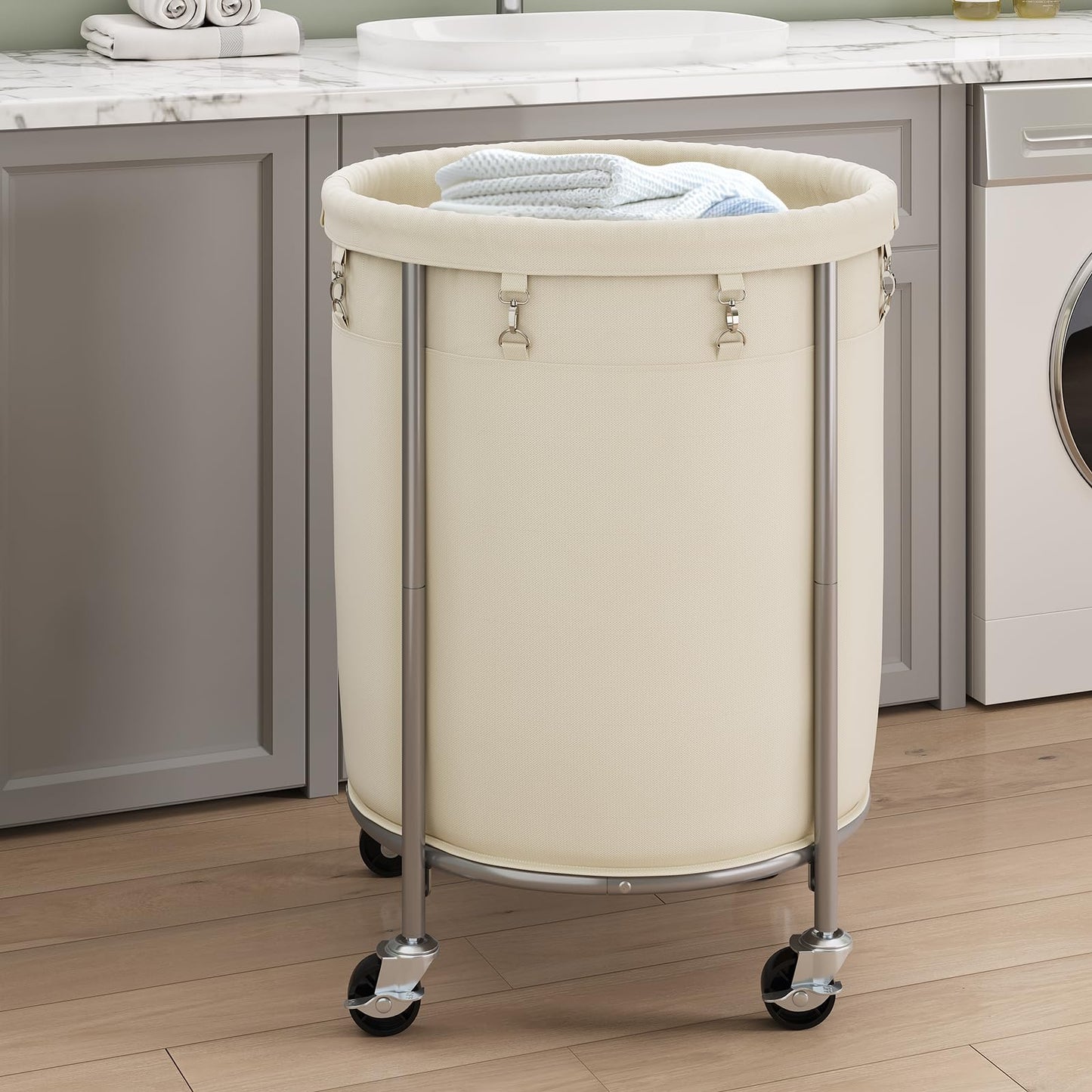 ELYKEN 190L Laundry Basket with Wheels, Large Rolling Laundry Hamper with Removable Liner Bag, Round Rolling Laundry Cart, Dirty Clothes Hamper for Hotel, Home, Closet, Dorm, Cream