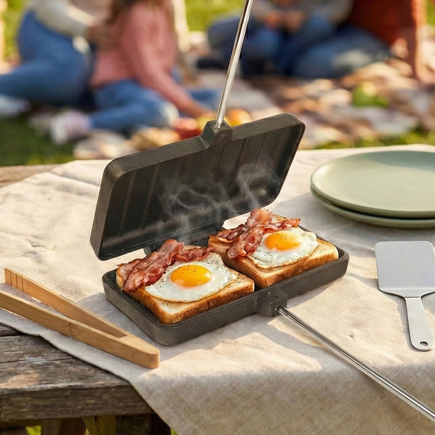 IPROUDER Campfire Pie Iron 4.9" & 8.6" Large Cast Iron Sandwich Maker for Camping 2 Pcs with Storage Bag - 22.6 inch Thickened Handles - Campfire Cooking Equipment for Grilling & Outdoor Cooking