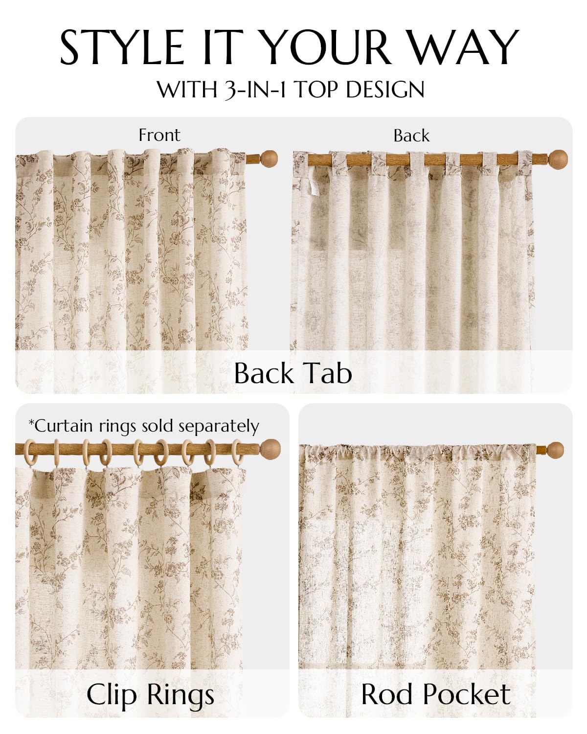 jinchan Linen Floral Curtains for Living Room 84 Inch Length Taupe Printed Curtains Back Tab French Country Farmhouse Flower Patterned Drapes Bedroom Window Curtain Set 2 Panels