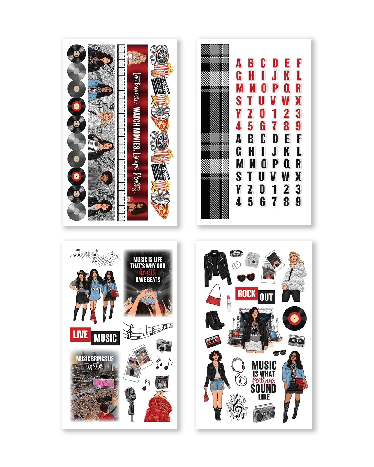 Rongrong My Favorite Things Planner Sticker Book – Stickers for Planners, Journals & Scrapbooks – 24 Pages – Inspired by Music Lovers & Movie Night Vibes