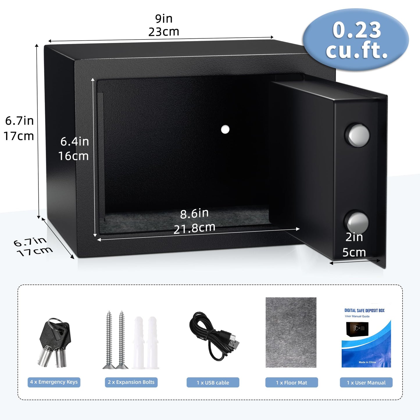 Digital Electronic Money Safe, Steel Security Lock Box with Keypad, Office Hotel Business Jewelry Gun Cash Safe, 0.23 Cubic Feet, 9.06" W x 6.69" D x 6.69" H（black）