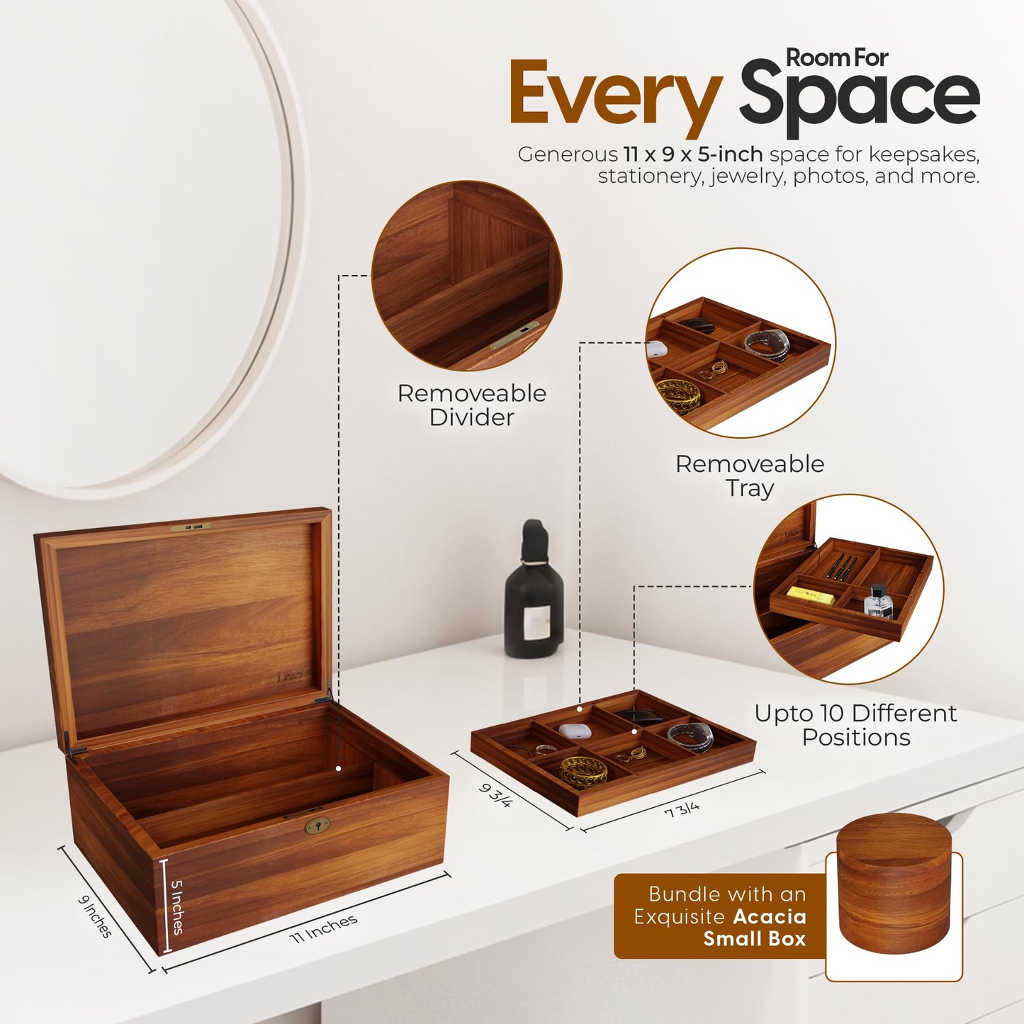 LUSH & STYLE Acacia Wooden Box, Keepsake With Hinged lid and locking keys, Decorative, Memory, Wooden Storage Boxes, Customizable With Adjustable Tray,keepsake trunk (Divider Model) Large 11x9x5 Inch