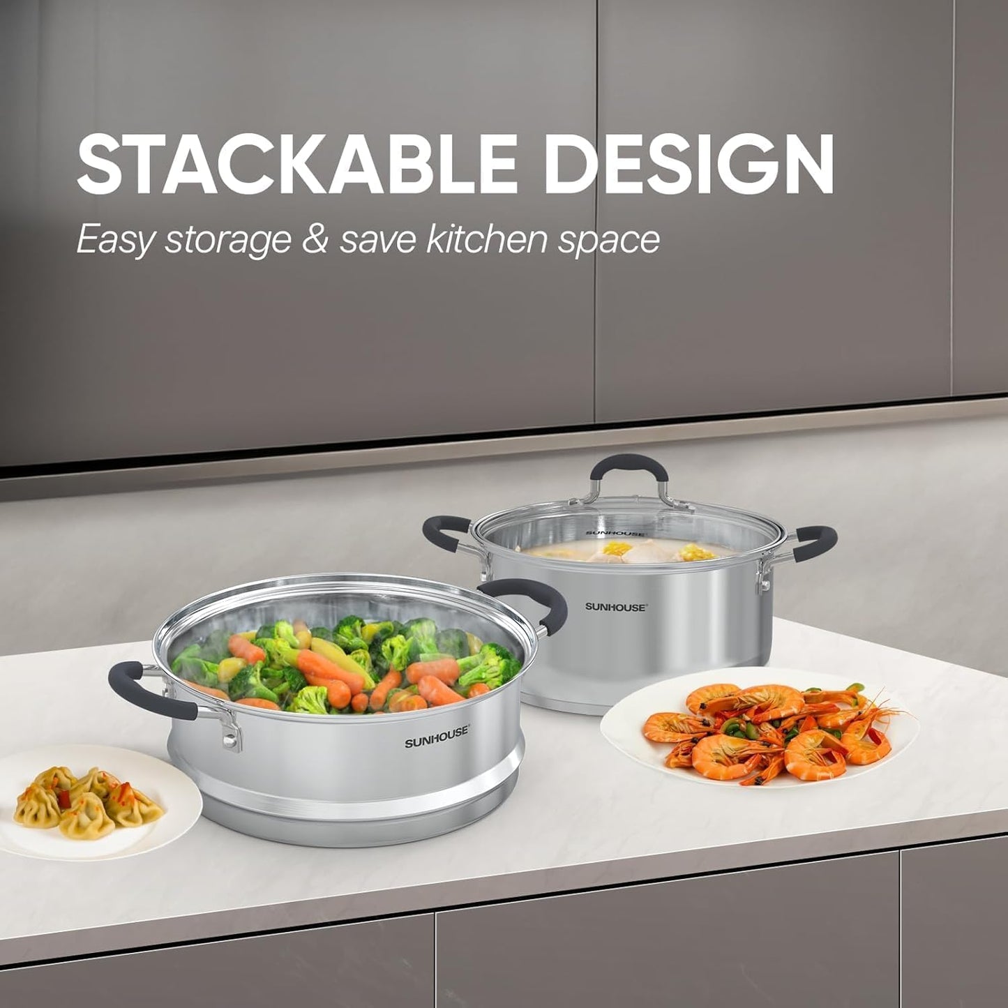 SUNHOUSE Stainless Steel Steamer Pot for Cooking - 3.1 QT Steaming Pot with Glass Lid & Steamer Basket - 2 Tier Tri-ply Vegetable Steamer with Stay-Cool Silicone Handles - Induction Compatible