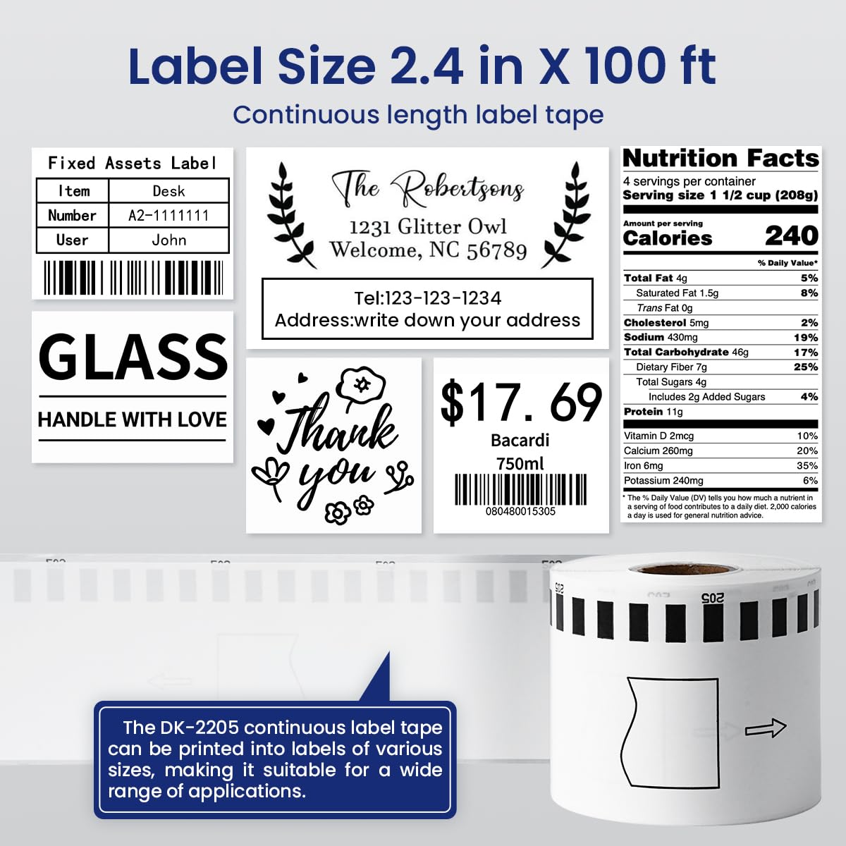 12 Rolls DK-2205 62mm x 30.48m (2-3/7" x 100') Continuous Length White Paper Label Tape Roll Compatible with Brother QL-600 800 810w Thermal Printers, 1 Frame