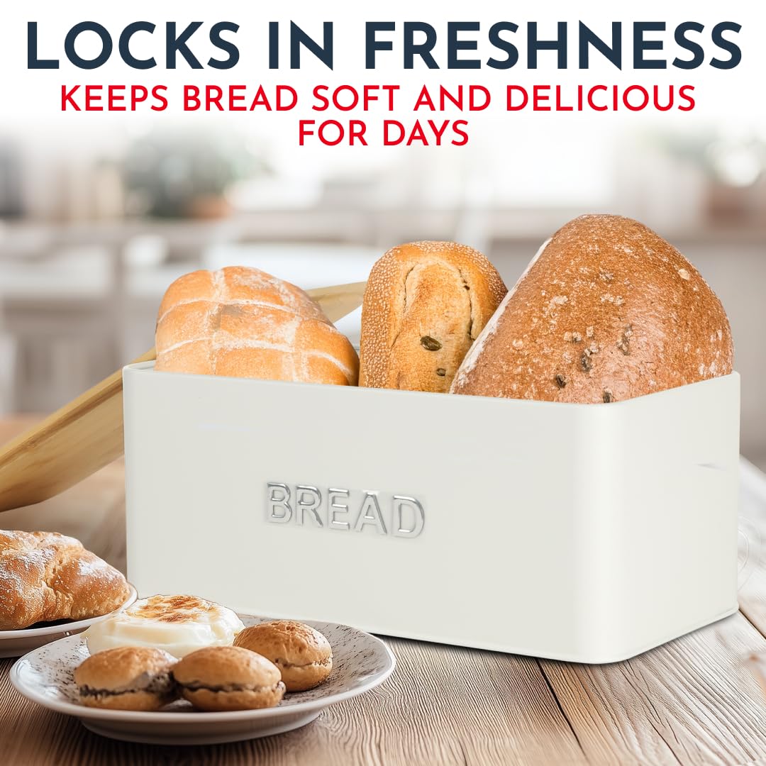 Culinary Couture White Bread Box for Kitchen Countertop with Bamboo Lid - Large BreadBox for Homemade Bread - Storage BreadBox with Cutting Board Lid