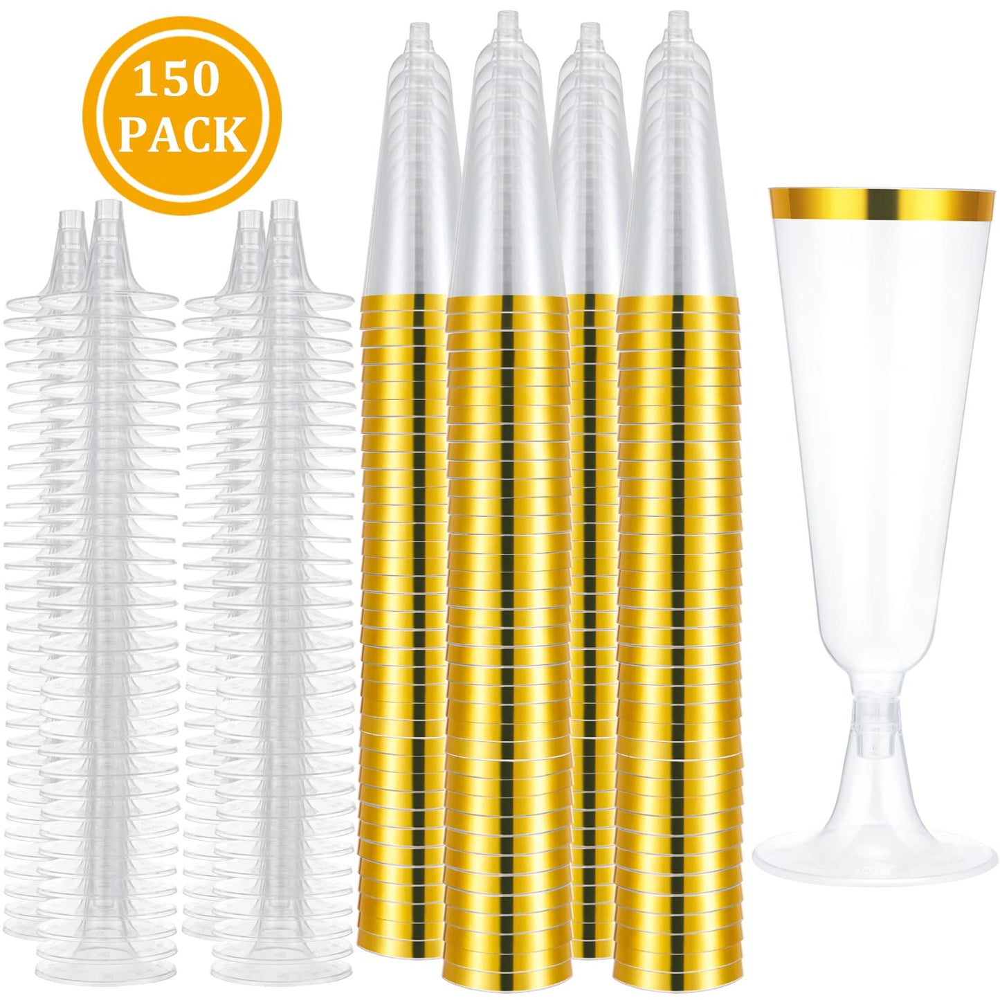 CHENGU 150 Pcs Champagne Flutes 5 Oz Plastic Disposable Champagne Flutes Crystal Wine Glasses Reusable Plastic Cocktail Cups for Wedding Celebration Toasting Drinking (Gold,Classic)