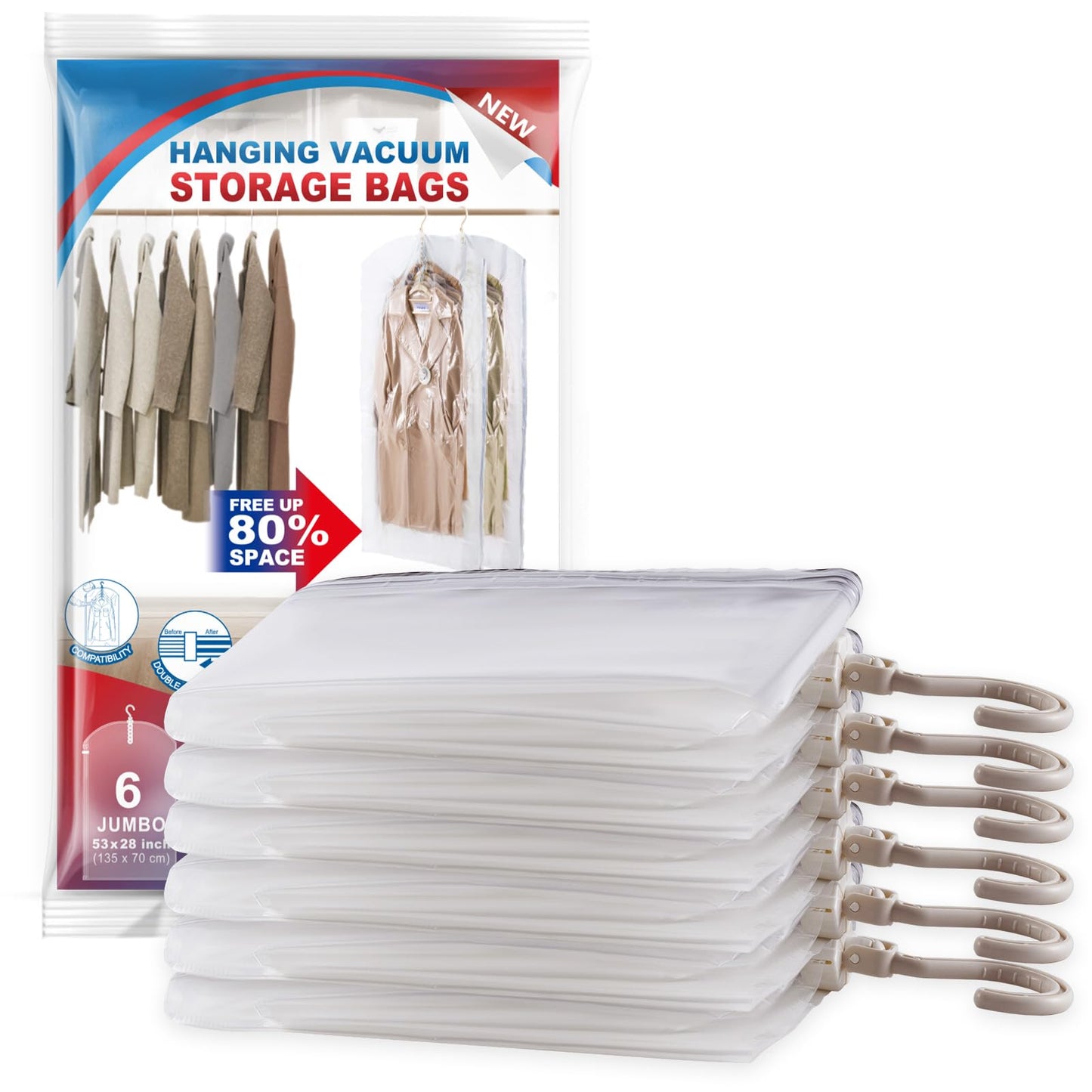 Hanging Vacuum Storage Bags, 6 Pack Large Hanging Vacuum Seal Garment Bags for Clothing, Space Saver for Clothes, Suits, Dresses, Jackets, Clothing Storage for Moving Supplies(6 Long)