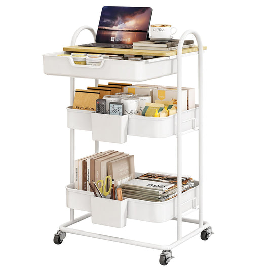 SNTD 3 Tier Utility Rolling Cart with Wheels - Smooth Sliding Drawers, Wooden Tabletop, Hanging Buckets for Kitchen, Art Room, Office, Bathroom (White)