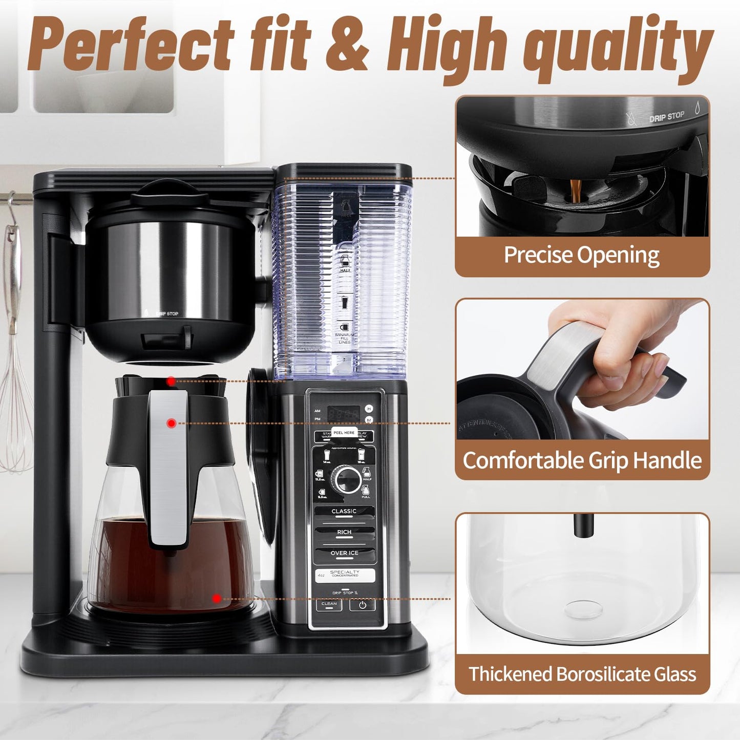 10 Cup Coffee Pot Replacement for Ninja Coffee Maker CM401 CM371 CP301 CM300 CM400 CF091, Glass Carafe Replacement with Brew-Through Lid, Ninja Coffee Pot Replacement with Sturdy Handle