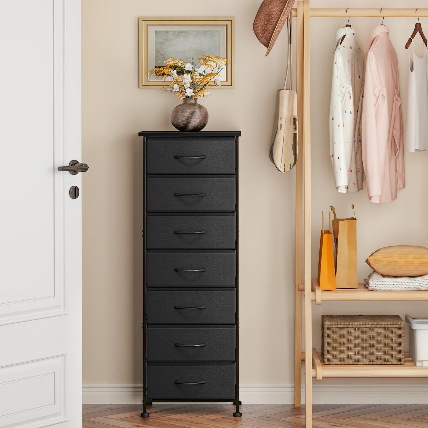 Fixwal Black Tall Skinny Dresser for Bedroom, Narrow Storage Dresser Organizer with 7 Fabric Drawers, Nightstand Furniture in Closet, Entryway, Hallway