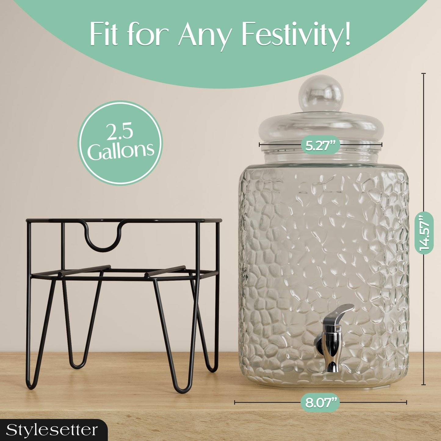 Style Setter Premium Glass Drink Dispensers with Metal Stand for Parties – Beverage Dispenser Set for Cold Drinks, Lemonade, Cocktails, Juice – Party Glass Drink Dispenser Station, Set of 1-1.5 Gal