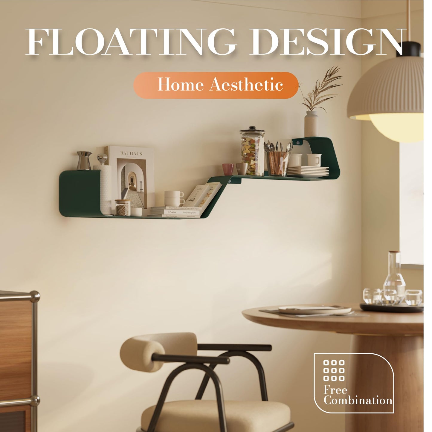 Floating Shelves, Wall Shelf, Set of 3 Mounted Metal Shelves with Unique Design for Wall Storage, Book Shelf, Display Shelves for Bathroom Bedroom Kitchen Living Room for Home Green