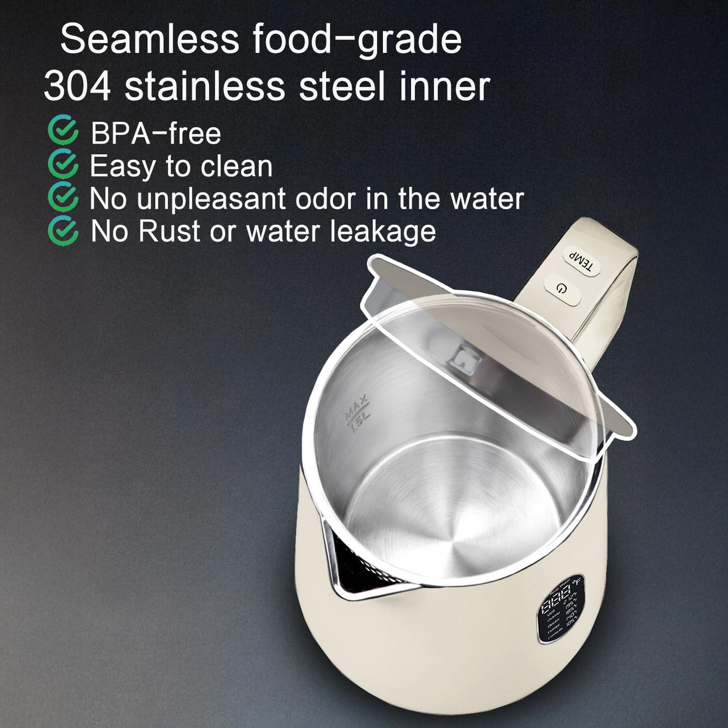 QUAXWELL 1.5L Electric Kettle Stainless Steel, Double Wall Cool Touch Teapot, Fast Boil,5 Temperature Control, LED Display, Auto Shut-Off,Keep Warm Function,Cream White