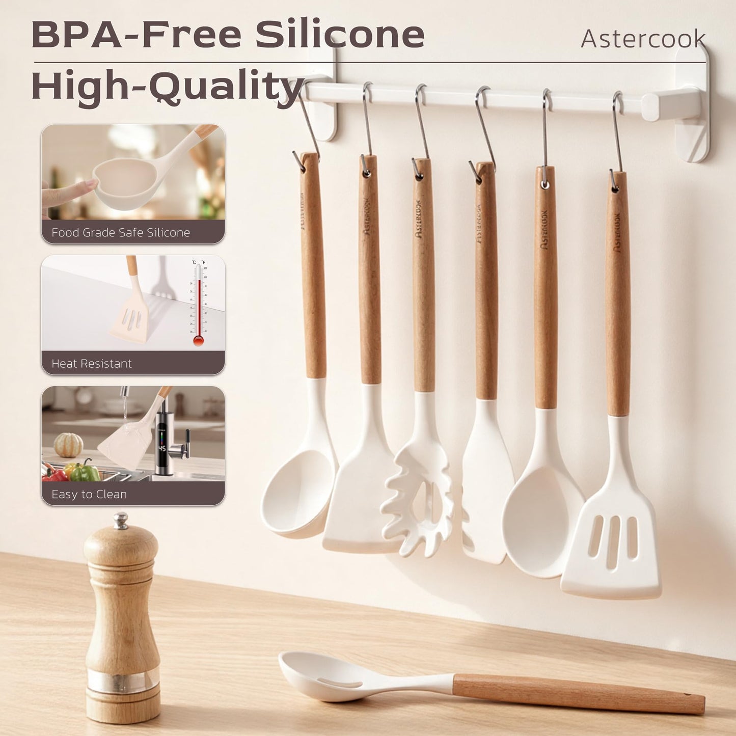 Astercook Kitchen Utensils set, 39 PCS Silicone Cooking Utensils Set with Wooden Handle, 446°F Heat Resistant Food Grade Utensil Sets, BPA Free Kitchen Gadgets Tools Set for Nonstick Cookware (Cream)