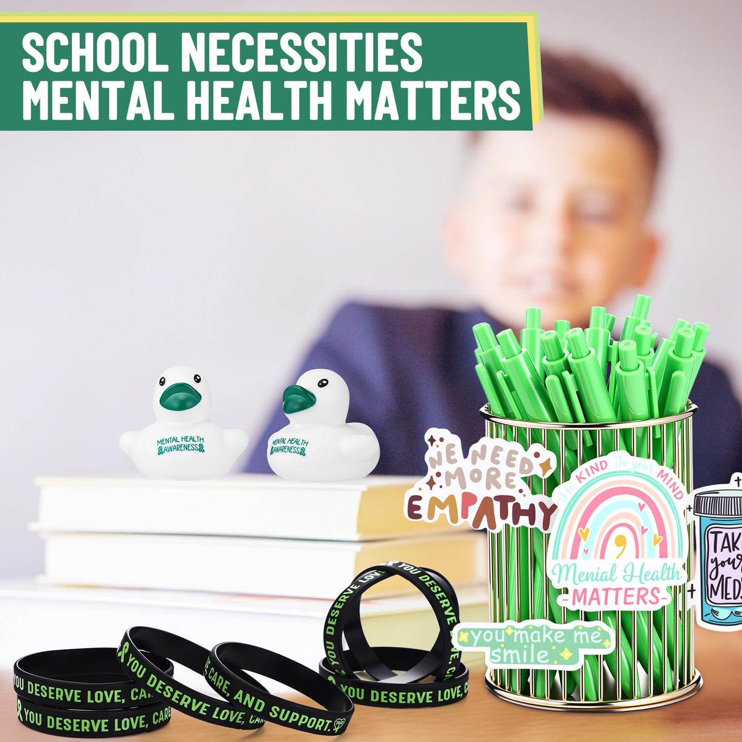 Fuyoooo 415 Pcs Mental Health Awareness Items Gifts Bulk Green Ribbon Bracelets Pens Rubber Ducks with Inspirational Stickers for Mental Health Awareness Suicide Prevention Charity Giveaways