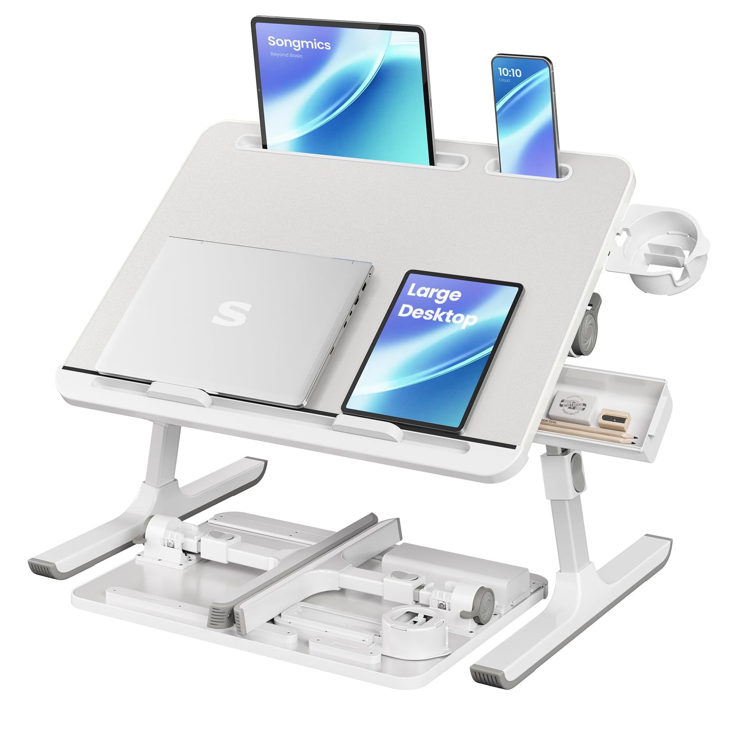 SONGMICS Bed Laptop Desk, Foldable Bed Desk for Laptop, 15.7 x 22 Inches Large Desktop, 120° Stepless Tilt, Adjustable Height, Cup Holder, Tray, Portable Bed Sofa Table, Gray ULLD113GZ01