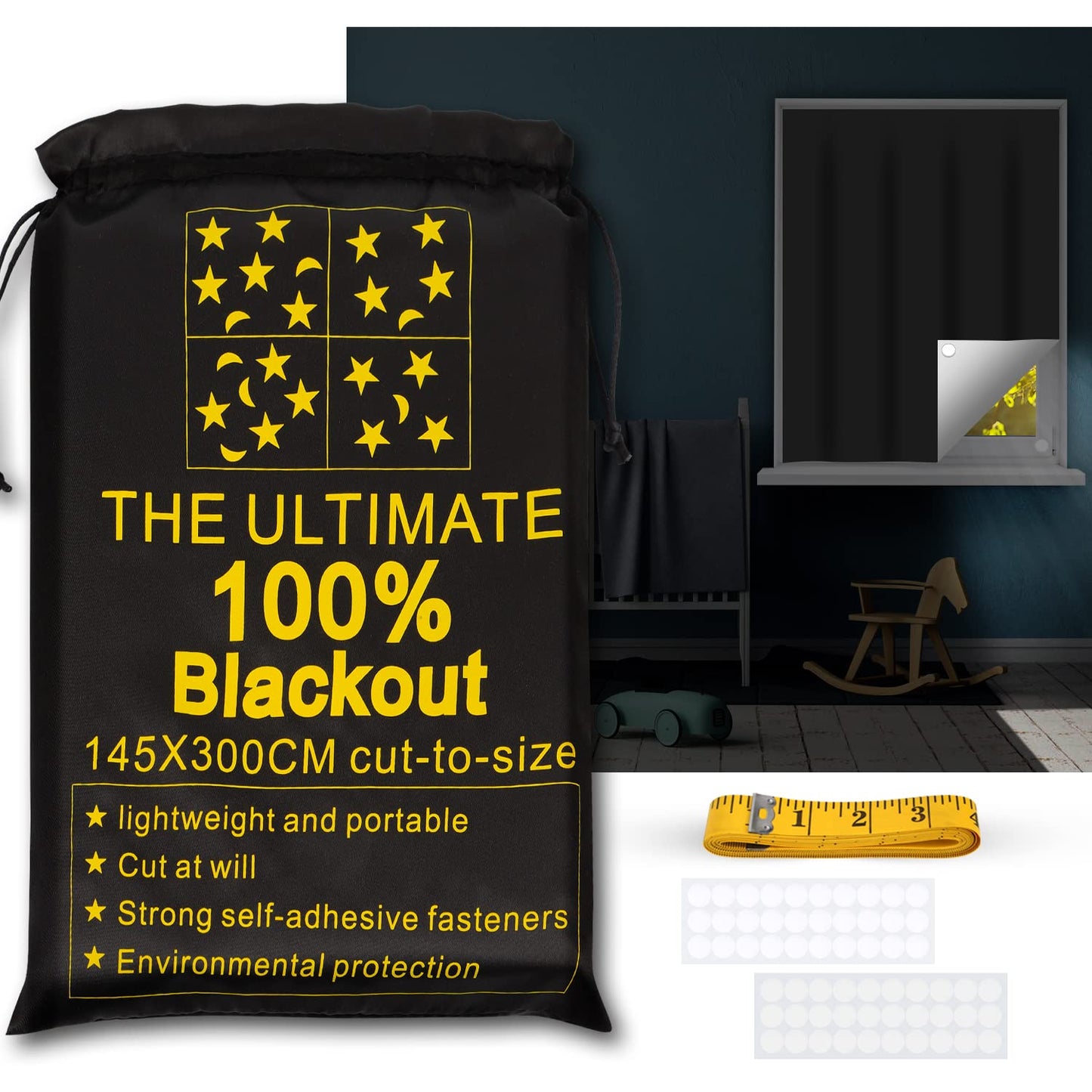 RUseeN Portable Blackout Shades (118" x 57") Travel Window Blackout Curtains, 100% Blackout Material Temporary Blackout Blinds for Baby Nursery, Bedroom, Caravan, Office or Travel Use