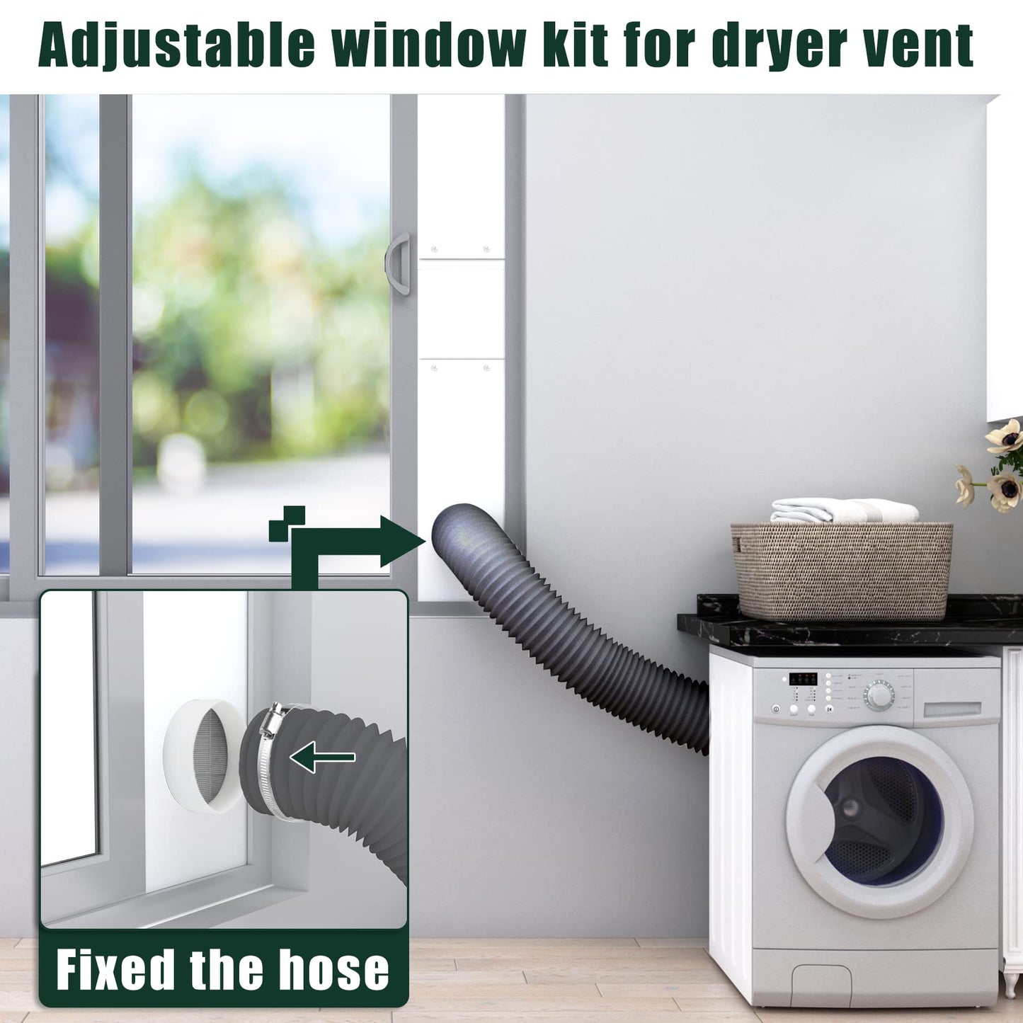 Flehomo Dryer Vent Window Kit, Include Dryer Vent Cover with Moving Flaps, Dryer Vent Kit for 4" Diameter Dryer Hose, Adjustable Window Vent Kit for Sliding Windows with Insulating Aluminum Seal Tape