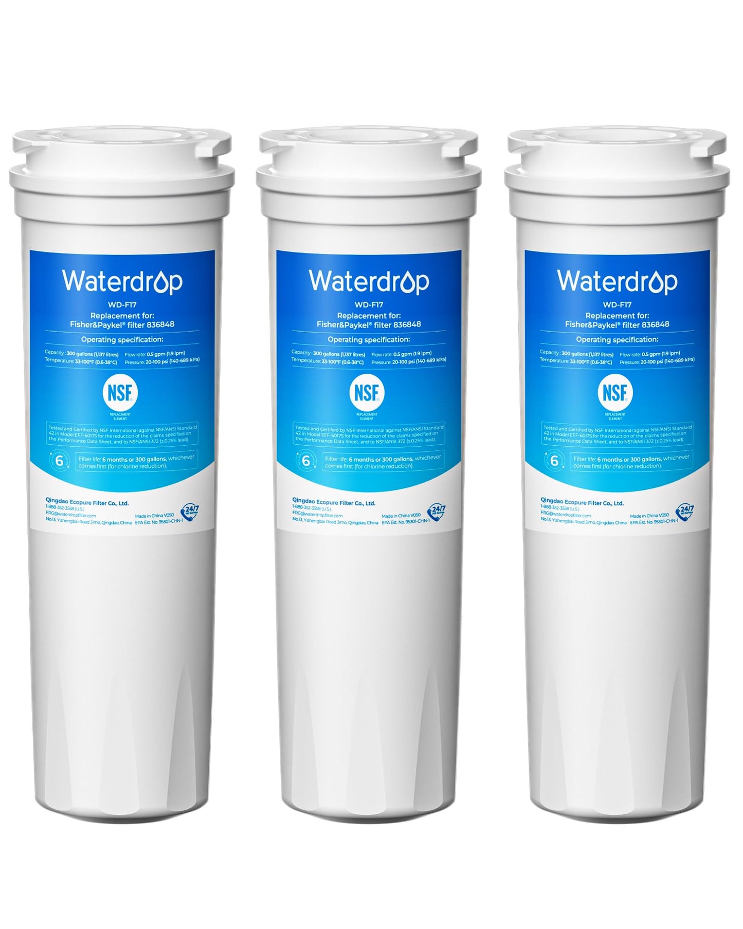 Waterdrop 836848 Replacement for Fisher & Paykel® 836860, 862285, 862284, E402, E442B, E522B, RO185014, RO185011, Refrigerator Water Filter, Pack of 3