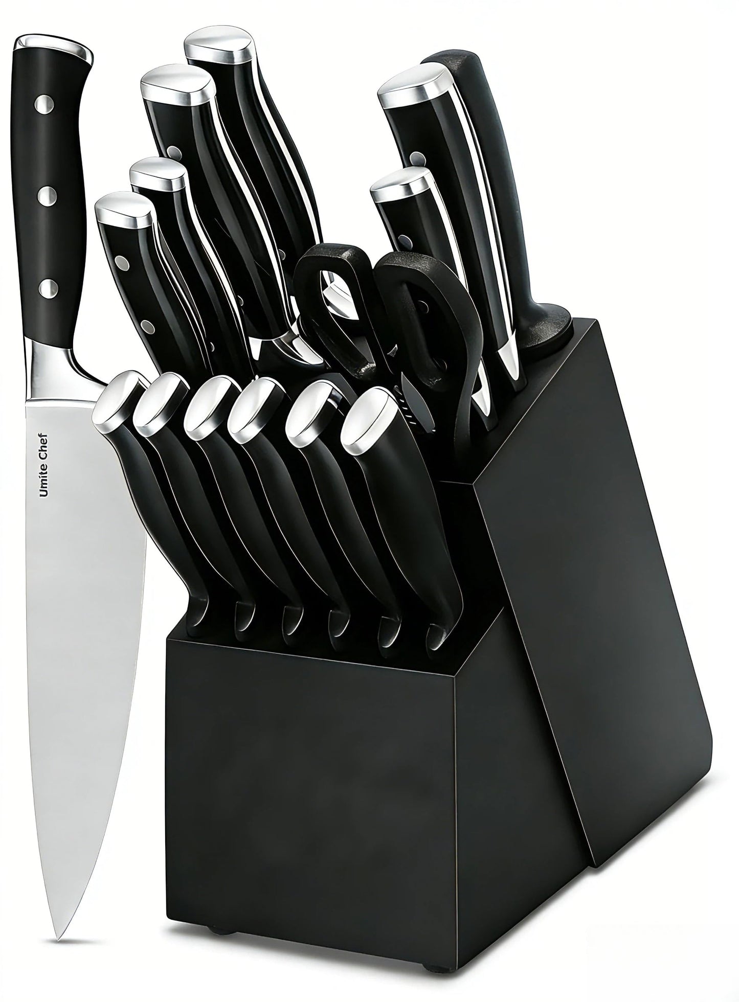 Knife Set, 15 Piece Premium Kitchen Knife Block Set, Razor-Sharp, High Carbon Stainless Steel Chef Knife, Ergonomic Forged Triple Rivet Handle, Black Sharp Knife Set for Kitchen, Dishwasher Safe