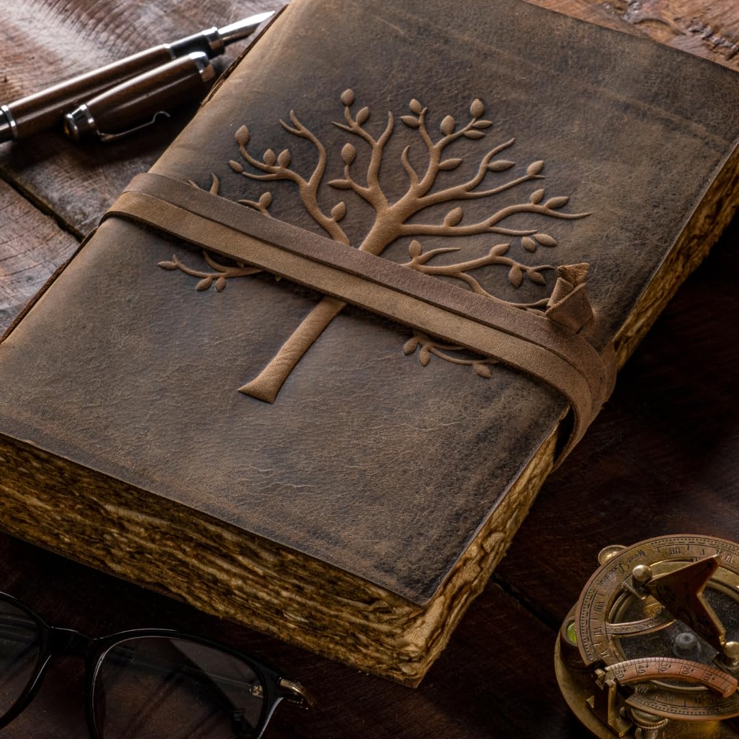 NomadCraftsCo. Vintage Leather Journal Tree of Life-Leather Bound Journal-Antique Paper-Beautiful Embossed Tree Leather Sketchbook - For Drawing Sketching and Writing-240 Pages