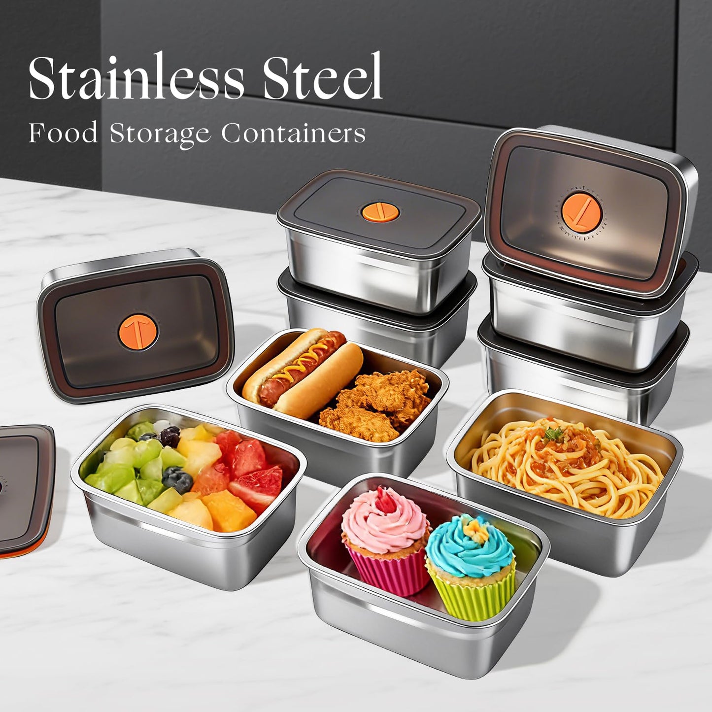 ACTUKSX 10 Pack Stainless Steel Food Storage Containers with Airtight Lids, 50 Oz Each - Stackable, Leakproof Kitchen/Freezer Meal Prep Containers (Dishwasher Safe)