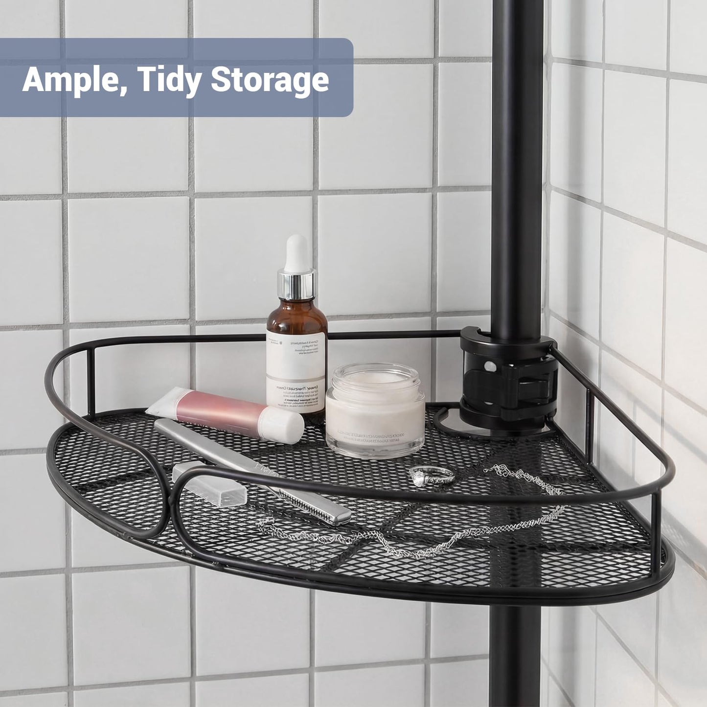 Marovitax Standing Shower Caddy Corner, 4-Tier Adjustable Height Bathroom Organizer, 6-Section Pole, Sturdy Floor Standing Shelf for Shower or Bathtub – No Drilling, No Spring Tension