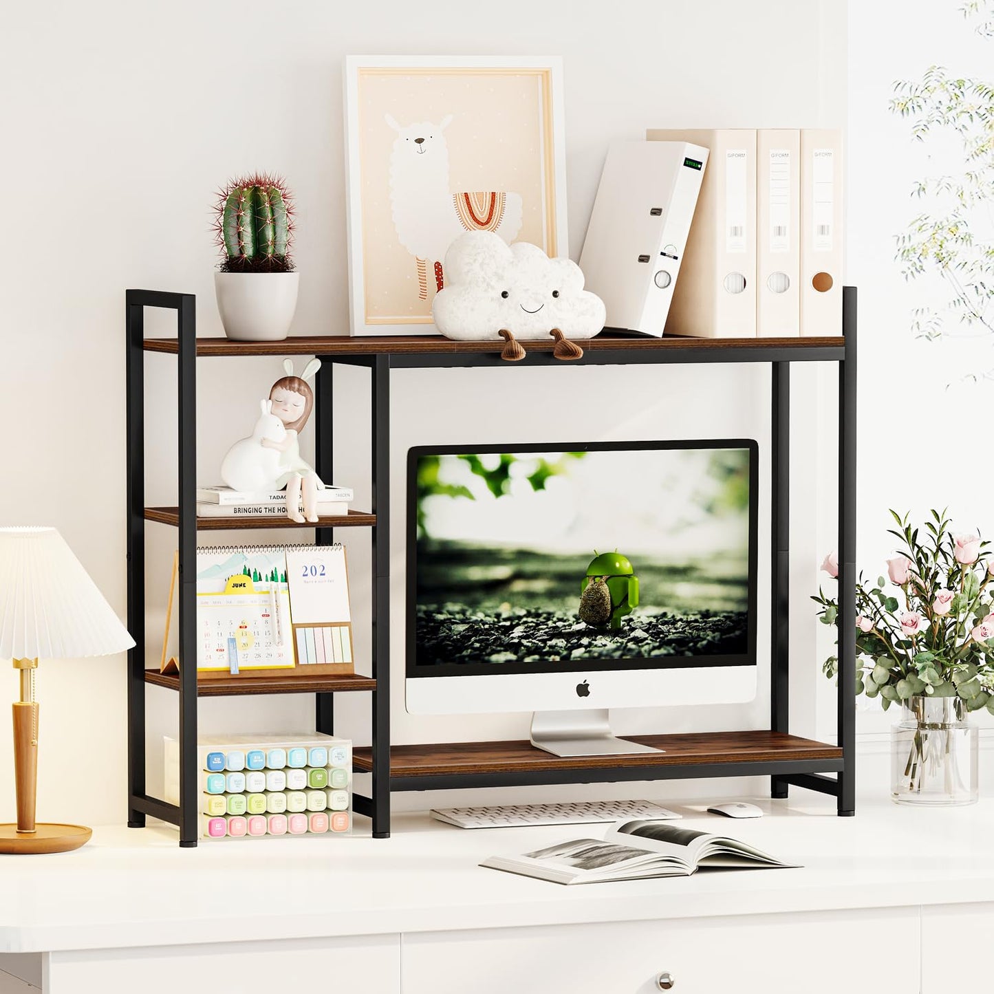 Snughome Adjustable Desk Shelf with Monitor Stand, 38.6" Desktop Organizer Hutch, Height Adjustable Computer Monitor Riser & 4 Tier Storage Bookshelf for Home Office Dorm