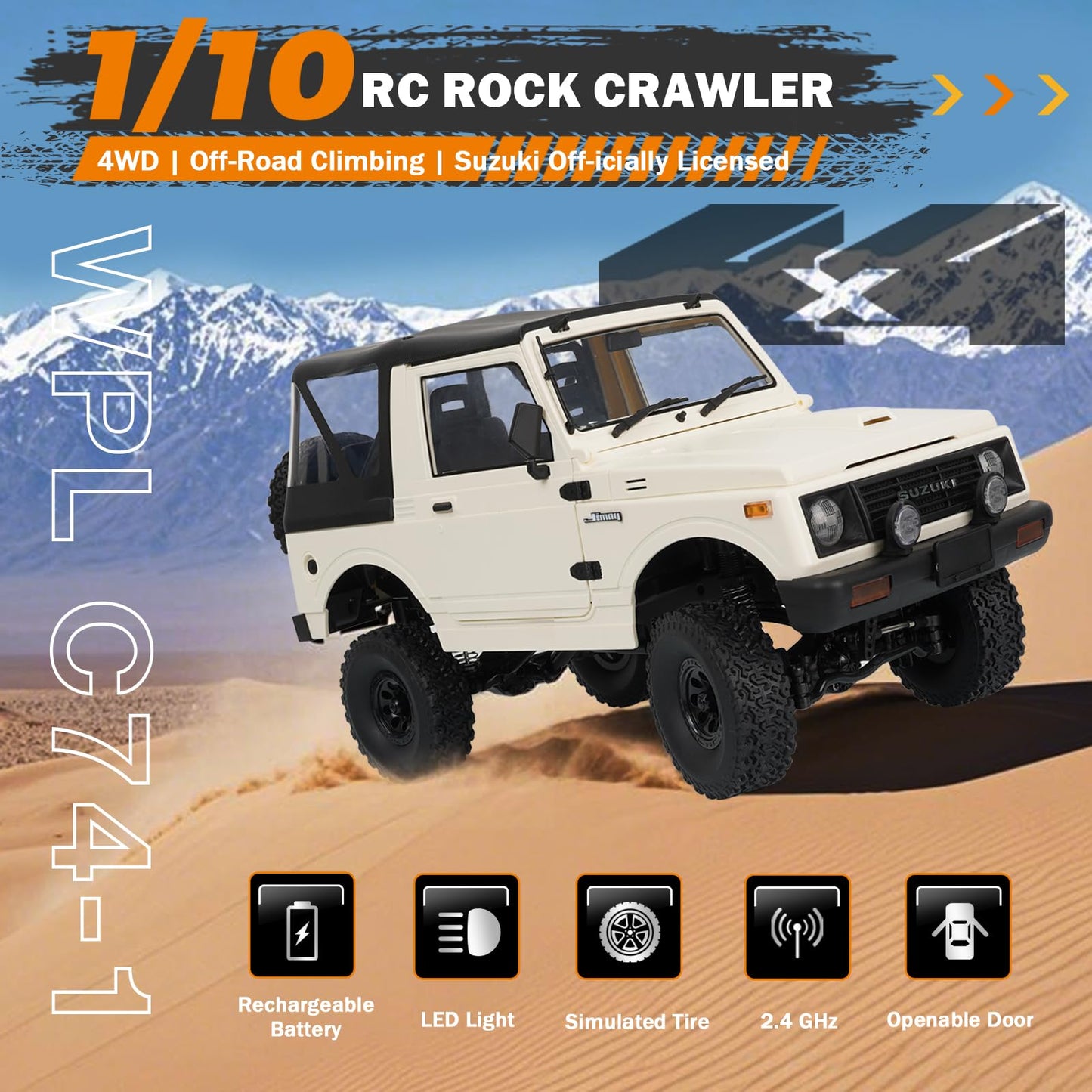 1/10 RC Crawler, WPL C74-1 Jimny JA11 RC Rock Crawler 4x4 2.4Ghz Remote Control Off Road Truck, 4WD RC Pickup Truck RTF with LED Light Hobby Grade Toy Gifts for Adults