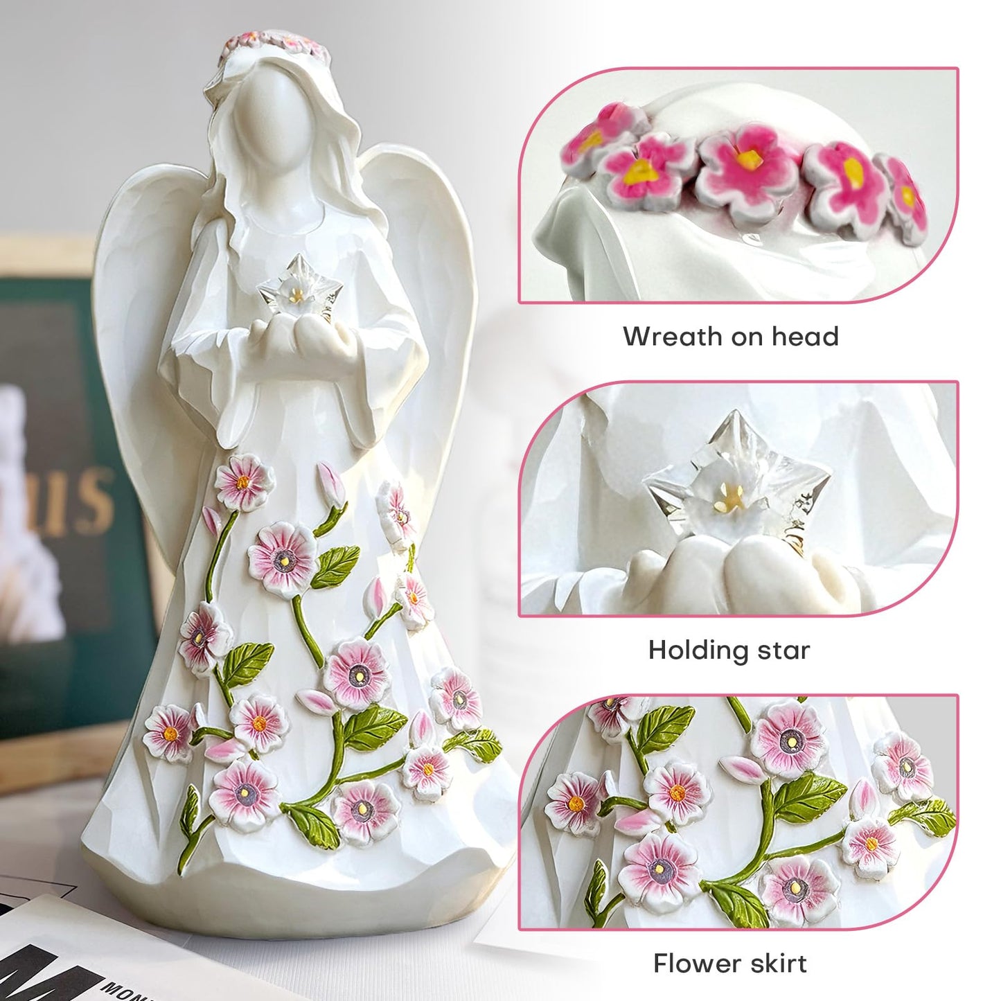 LEGIFO Guardian Angel Figurines with Light Star Battery Operated Angel Statue Decor, Birthday Gift for Grandma Grandmother Aunt Birthday Gift (with Timing Function)