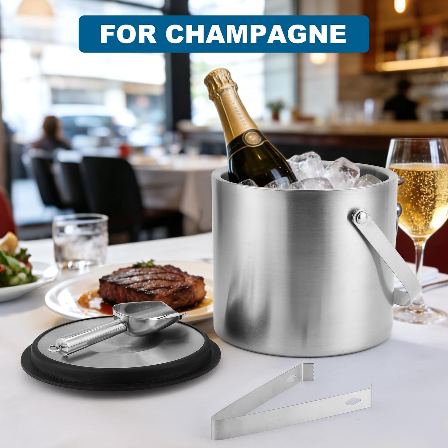 Berverra 5L Insulated Ice Bucket for Party,Portable Large Capacity Ice Buckets,Double-Wall Stainless stell Ice Container Keep Ice Cool,Champagne,Wine,Cocktail Beverage Bucket with Lid,Scoop & Tong