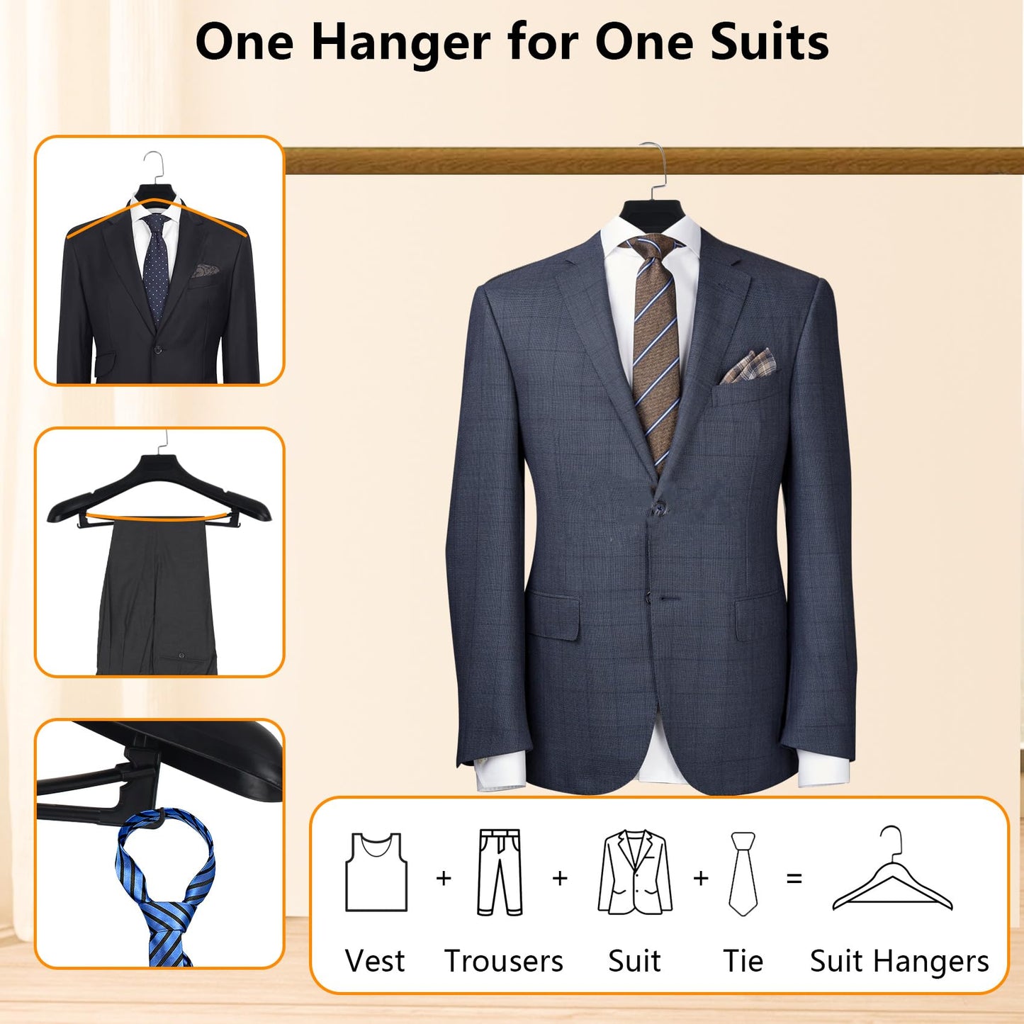 Plastic Extra Wide Suit Hangers, Pack of 15, Width: 17.7",Notched Shoulders & Metal Hooks, Black