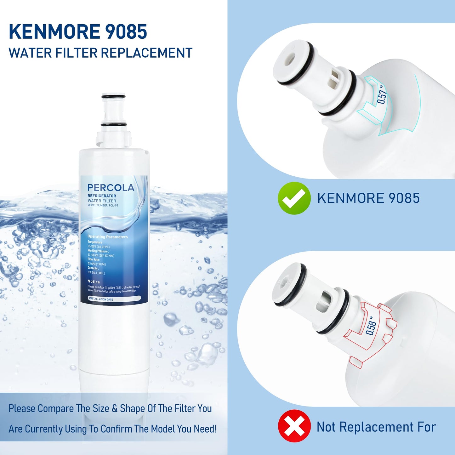 PERCOLA 9085 Water Filter Replacement for Kenmore 46-9085, 9085, 4609085, 46-90102, 90102, 4690102, 46-9902, 46-9908, 9908 (3 Pack)