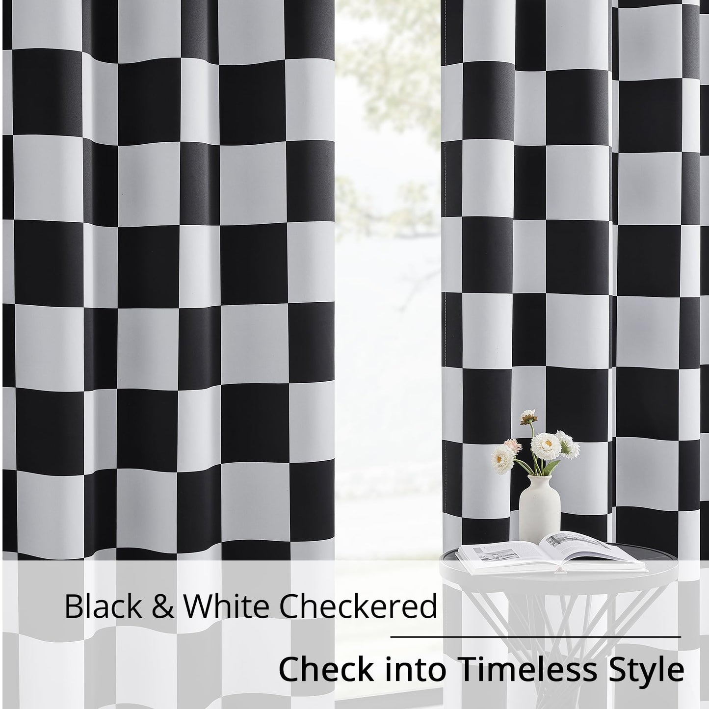 BOHOMOCASA 100% Blackout Curtains – Black and White Checkered Race Flag Pattern, 2 Panels, Each W52×L84, Thermal Insulated, Nosie Reducing for Bedroom, Living Room, Race car Drapes