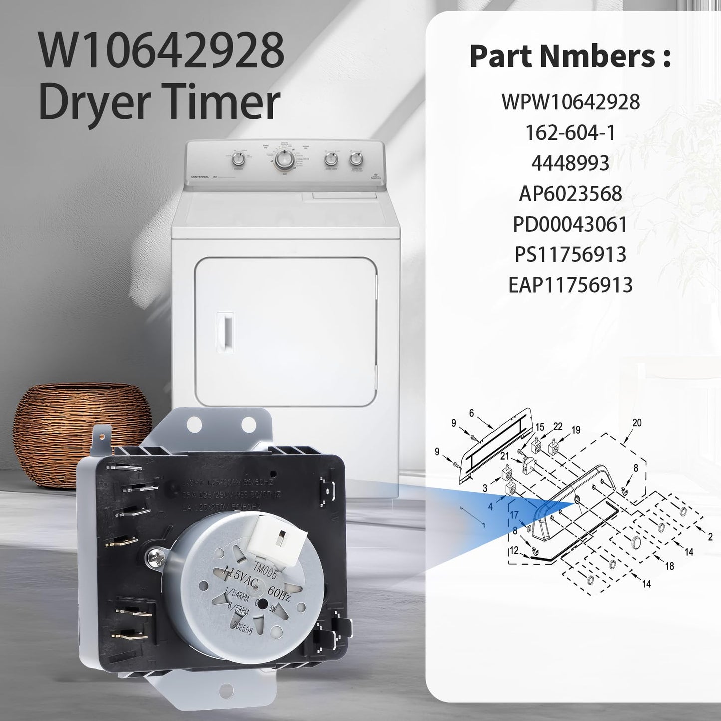 W10642928 C WPW10642928 Dryer Timer Compatible with Maytag Dryer Timer MGDX655DW0 MGDX655DW2 MEDX655DW0 MEDX655DW1 MGDX500BW1 MGDX500BW2 MGDX655DW1 115VAC 60Hz, Replacement 418-098-20-B5 4448993