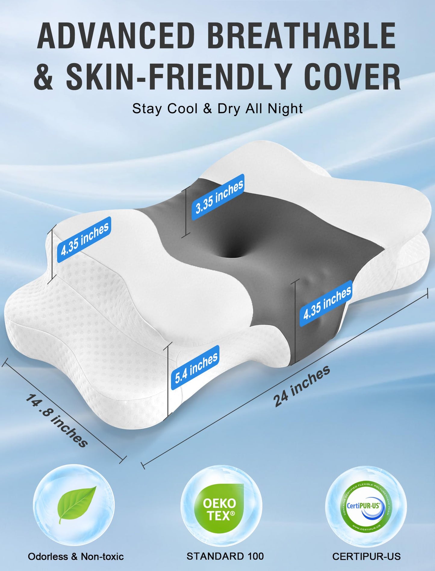 DISSA Cervical Neck Pillow for Side Sleepers Ergonomic Contour Memory Foam Pillow with Adjustable Orthopedic Neck Support for Pain Relief - Gift for Christmas & Birthdays