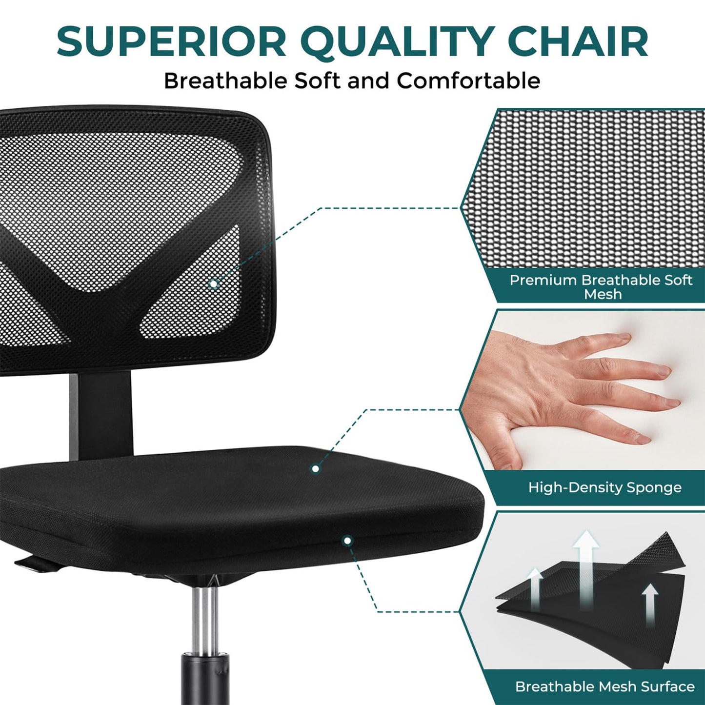 DUMOS Armless Office Chairs with Wheels, Ergonomic Adjustable Home Desk Swivel Rolling Task Chair No Arms, Comfy Mesh Mid Back Computer Work Vanity Desk Chairs for Small Spaces, New Black