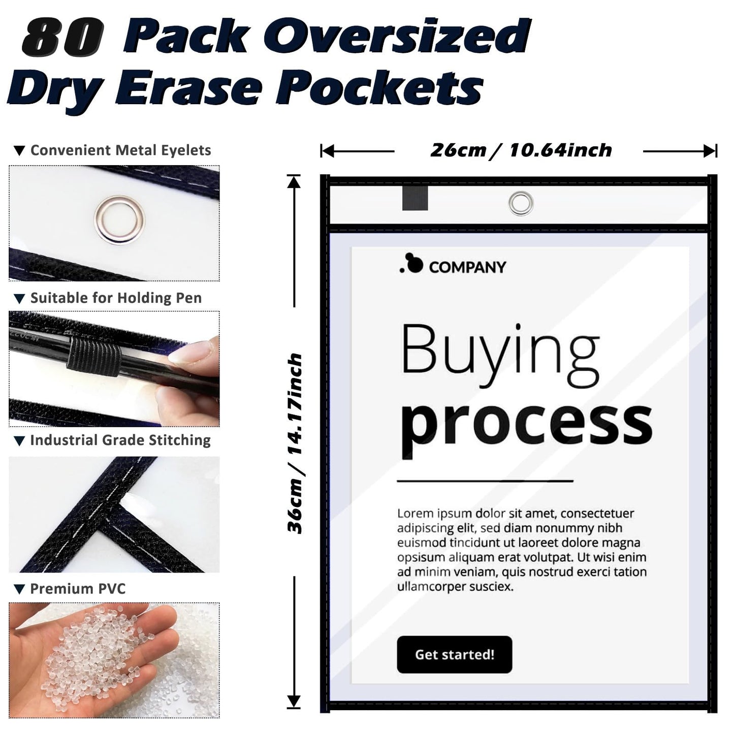 80 Packs Dry-Erase Pockets Bulk Oversized Reusable Dry Erase Pocket Sleeves with 5 Rings, 10x14 Black Ticket Holders, Clear Plastic Sheet Protectors, Teacher School Classroom Supplies