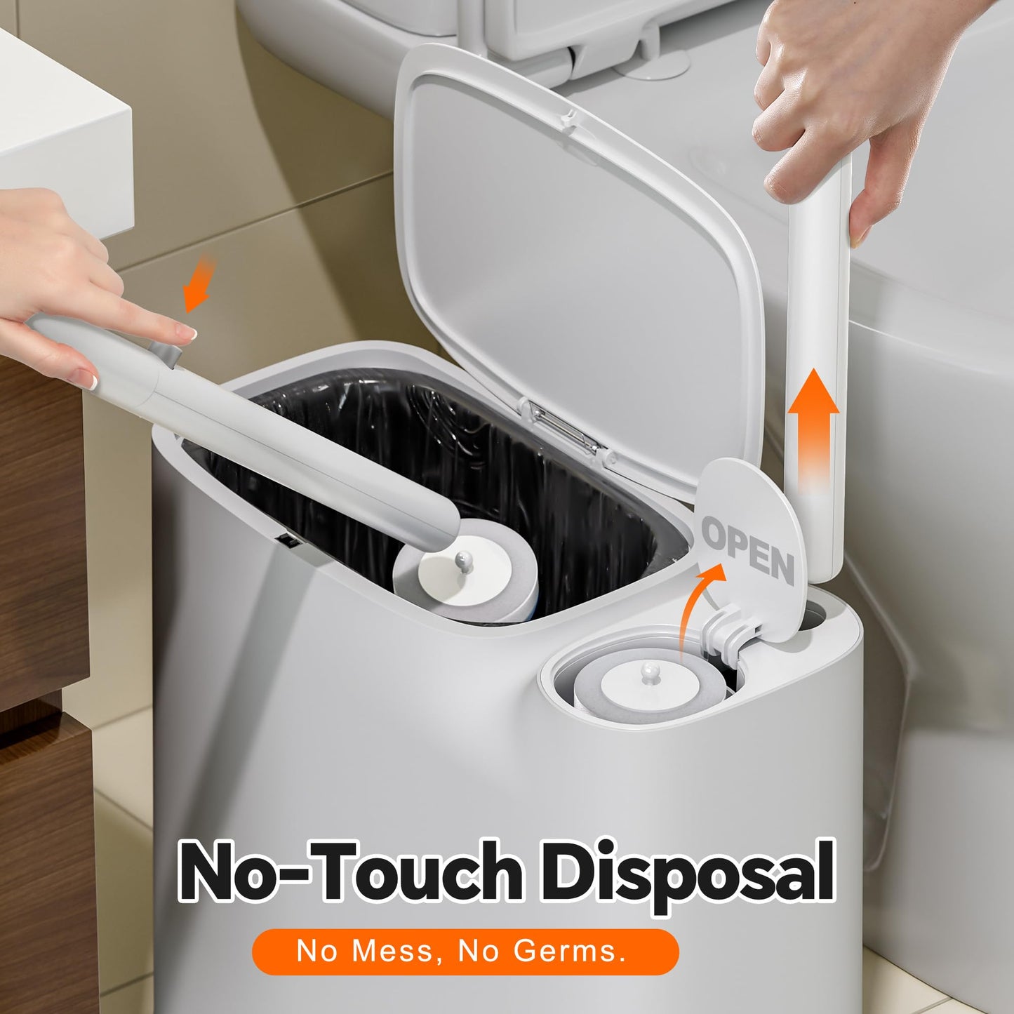 POPMOP White Plastic Mini Trash Can, Toilet Cleaner Stick, Toilet Brush Holder, 36 Refills, 2-Gallon Trash Can with Pop-Out Lid, Suitable for Bathrooms and Small Toilets.