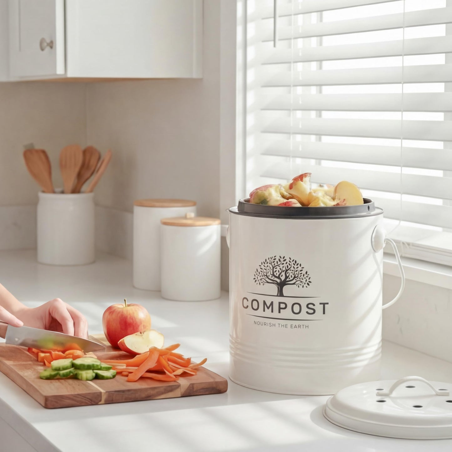Perfnique Kitchen Compost Bin, 1.3 Gallon Countertop Compost Bin with Lid, Indoor Compost Bucket Includes Inner Bucket Liner and Carbon Filter, Small Compost Bin (Without Bags, Cream)