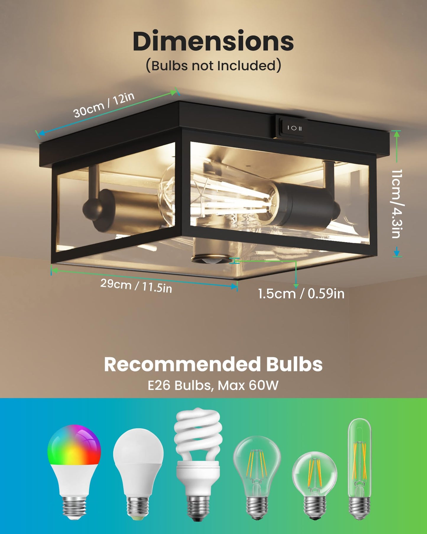 Craftersmark Outdoor Ceiling Light with Motion Sensor 12'', Flush Mount Porch Light, Exterior Light Fixture with Clear Glass, Dusk to Dawn 2-Light Fixture for Patio,Porch