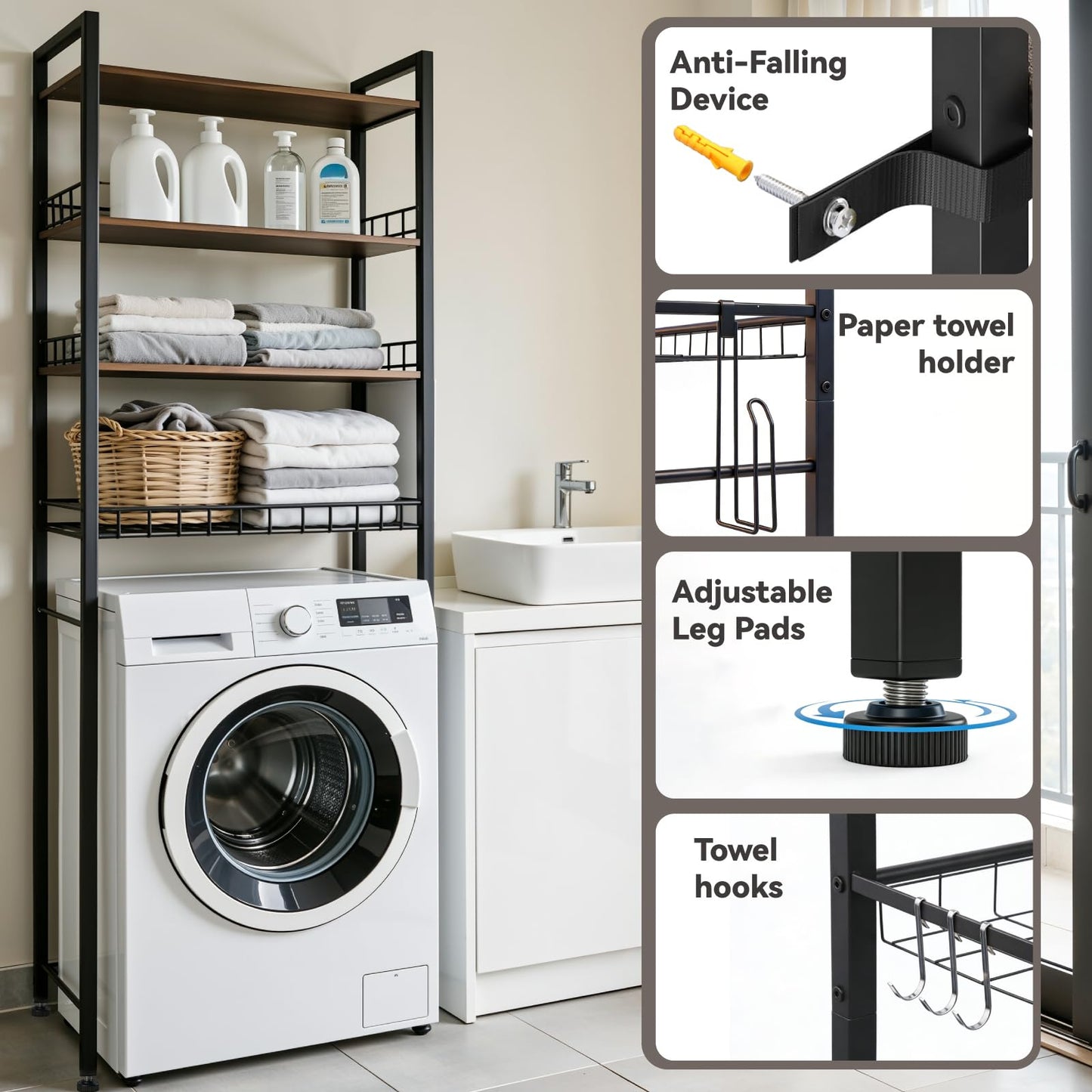 Lovswan 4-Tier Bathroom Organizer Shelf Over The Toilet Storage Cabinet with Feet Pad Over The Toilet Storage Rack with Adjustable Shelf and Basket Bathroom Shelves Above Toilet Bathroom Shelves