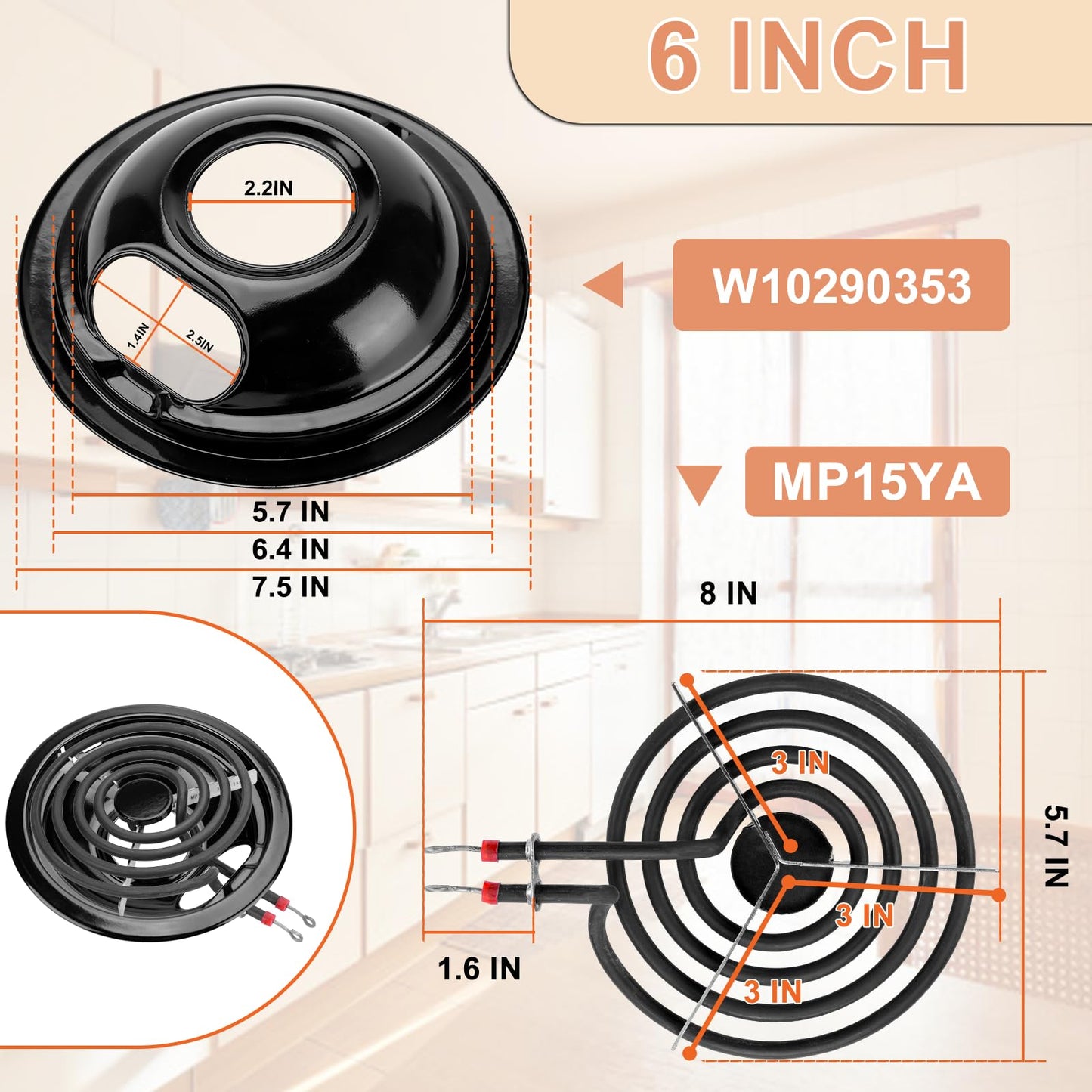 W10290350 W10290353 Black Porcelain Burner Drip Pan Bowls & MP22YA Electric Range Burner Element Unit Set by Cenipar-Compatible with Whirl-pool Frigi-daire Ama-na Range Oven/Stove