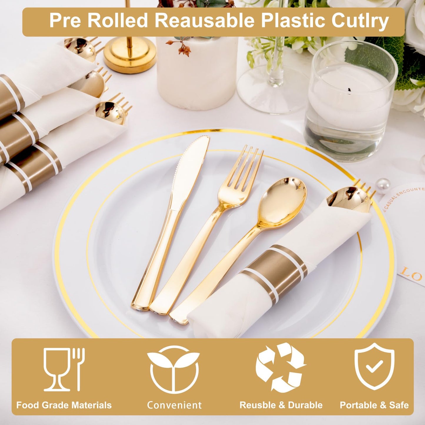 Joyido 400PCS Pre Rolled Gold Plastic Silverware Sets - Heavy Duty Gold Cutlery - Include 100 Pack Wrapped Disposable Utensils with Napkins for Parties, Dinners & Weddings
