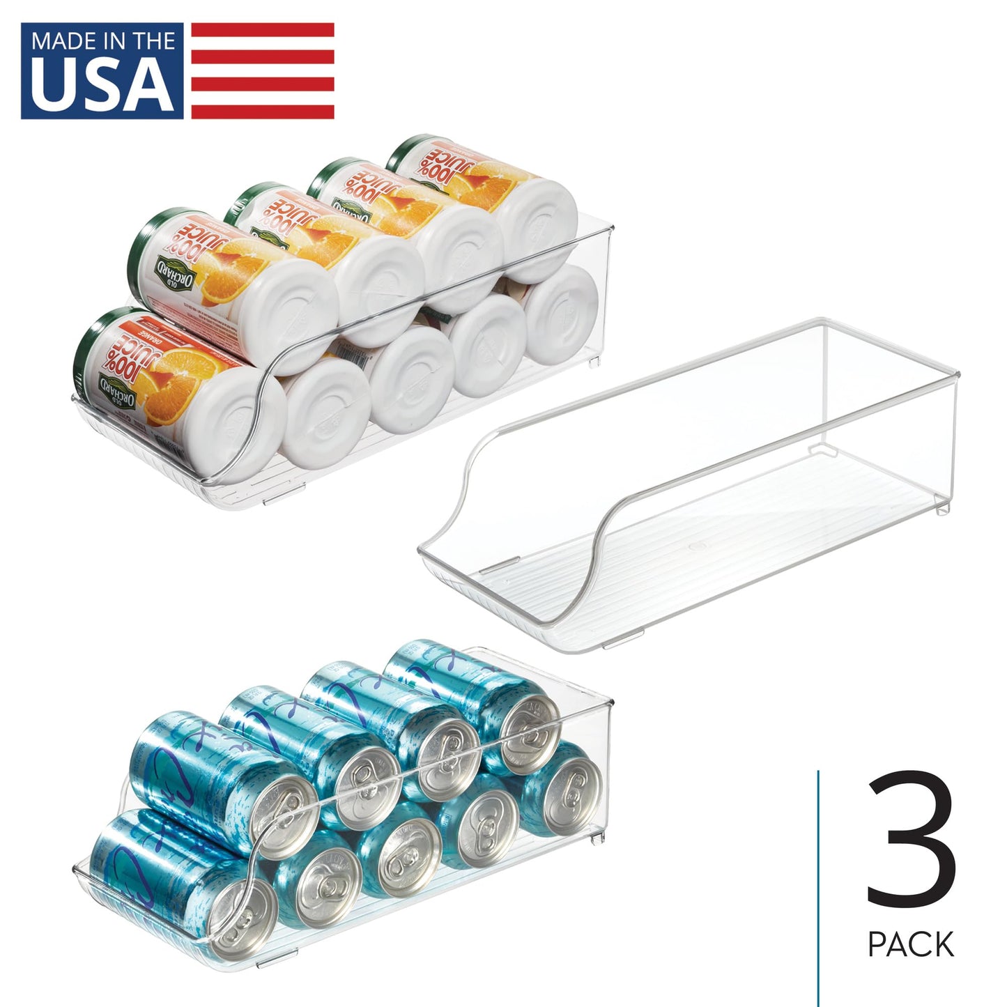iDesign Soda Can Dispenser for Refrigerator or Pantry - Set of 3 - Clear - Made in USA