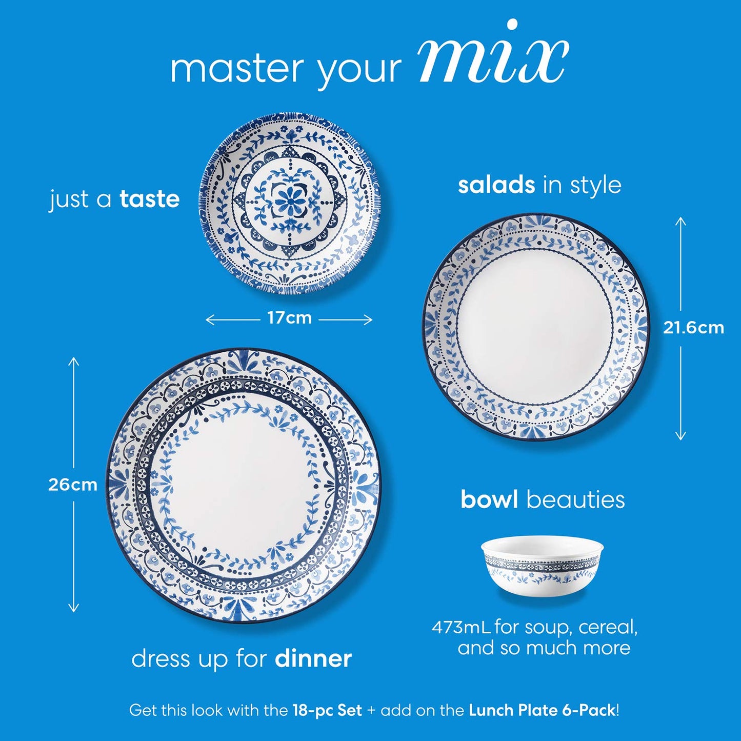 Corelle Vitrelle Salad Plates Set Triple Layer Glass and Chip Resistant, 9-Inch Lightweight Round Plates, Portofino, Caspian, 6-Piece