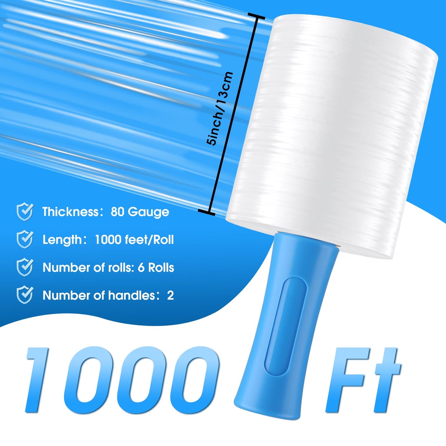 MROCO Stretch Wrap Film 5" x 1000ft with 2 Handles, 6 Pack 80 Gauge Plastic Shrink Wrap for Moving Furniture & Pallet Wrap, Industrial Mini Clear Heavy Duty Shrink Film Roll for Moving & Storage