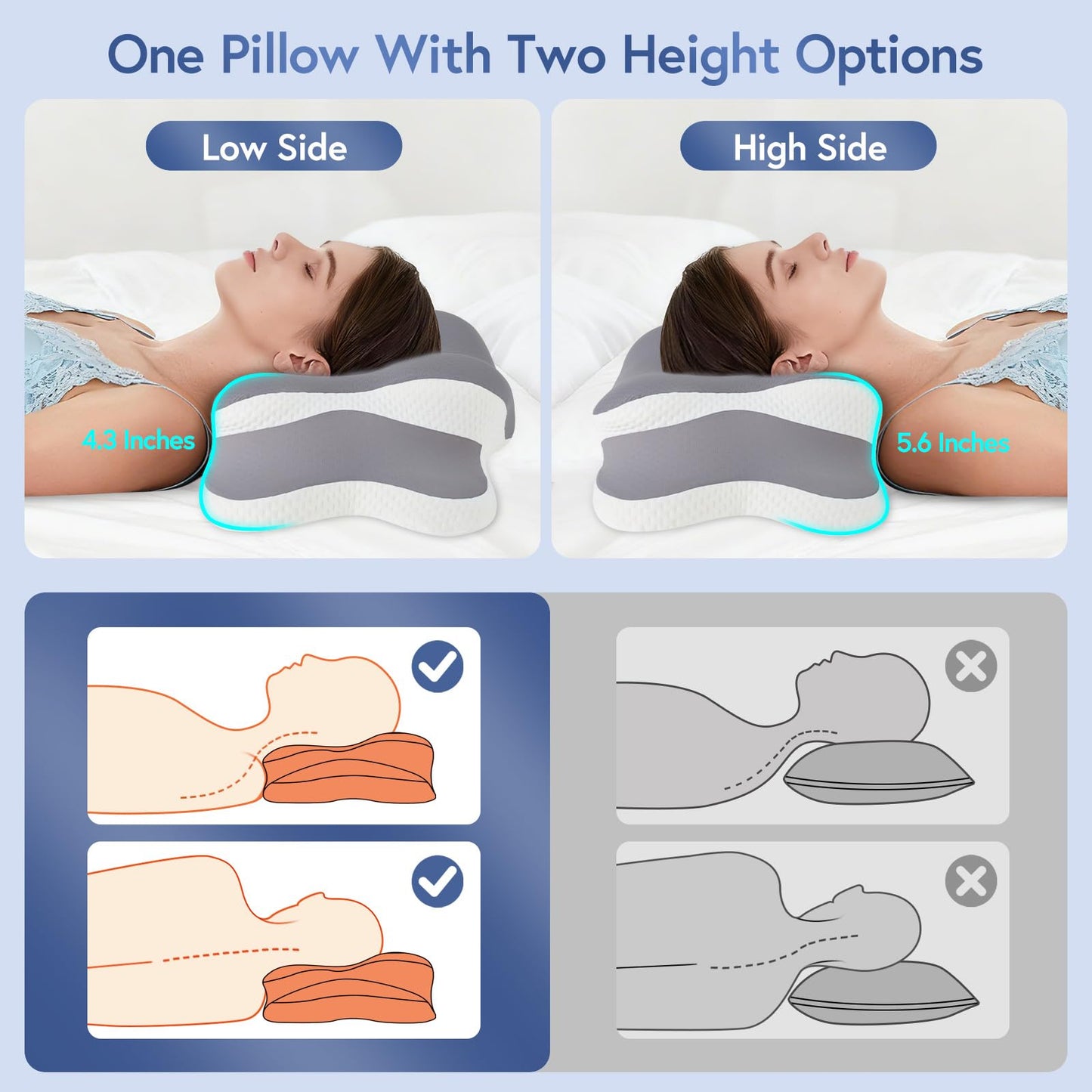 Rioicy Sleep Apnea Pillow for Side Sleepers, Cervical Neck Pillow for Neck Pain Relief, Ergonomic Contour Memory Foam Pillow with Cooling Washable Cover for Back, Side & Stomach Sleepers