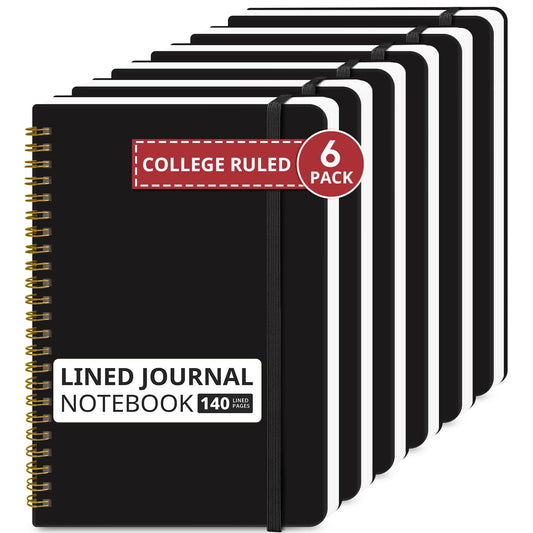 Taja Lined Spiral Journal Notebook for Women & Men, 140 Pages, College Ruled Hardcover Notebook for Work & Note Taking, Journals for Writing, A5(5.7" x 7.9") -Black, 6 Pack