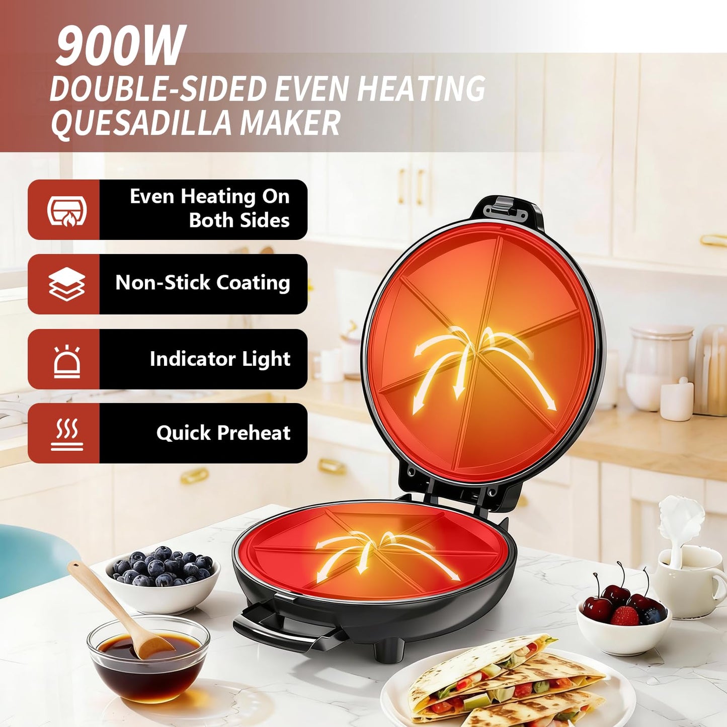 Electric Quesadilla Maker, 9.5'' Quesadilla Press with Easy Slice 6 Wedge, Non Stick Surface, Locking Latch For Extra Stuffing, Grilled Cheese Corn Flour Tortilla Snacks